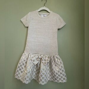 Camilla 5/6 drop waist dress. Knit top with gold thread. Gold dot skirt w/bow